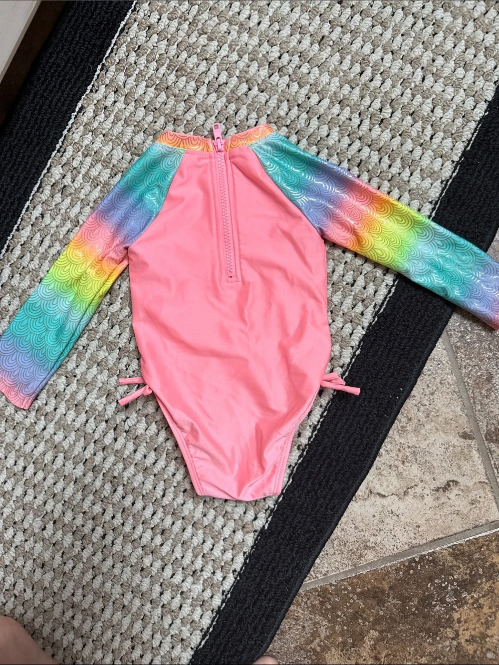 Cat & Jack Pink One-Piece Rash Guard Swimsuit with Rainbow Sleeves